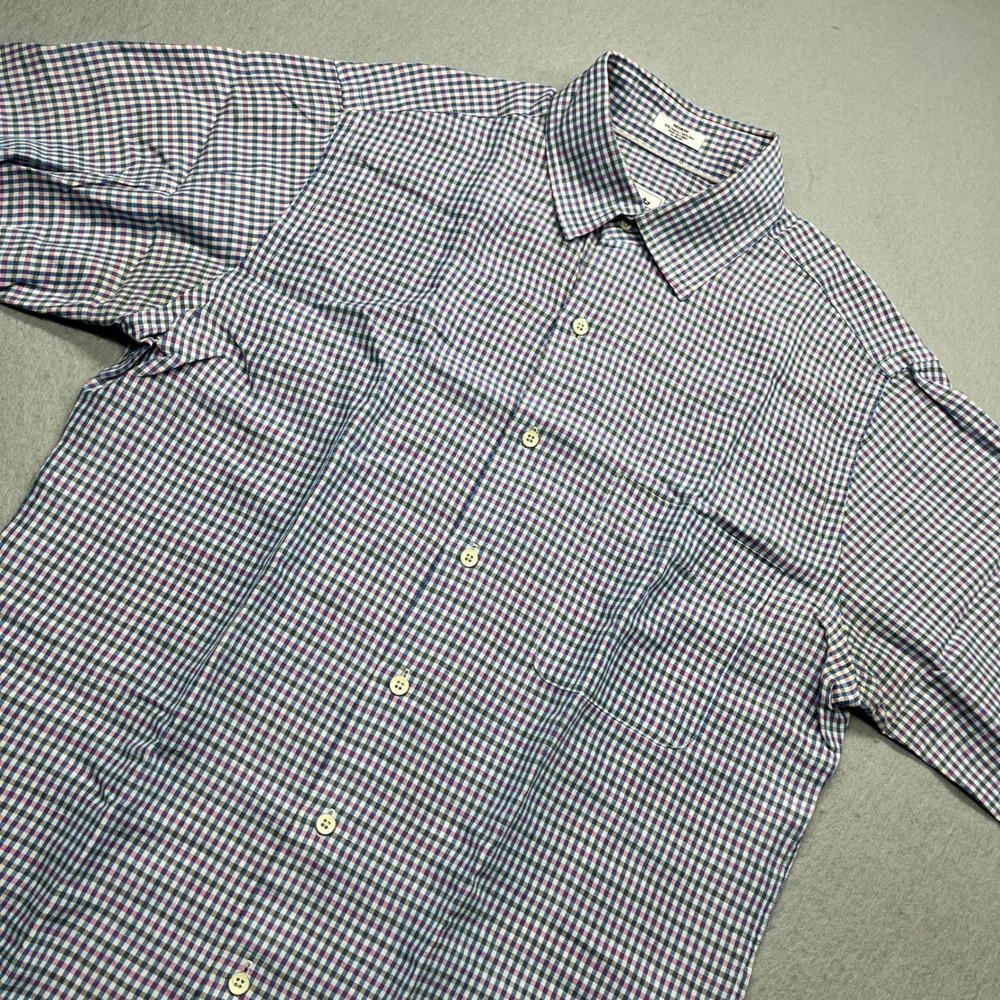 Peter Millar Mens Medium Linen Silk Short Sleeve Button Down Shirt Blue Pink